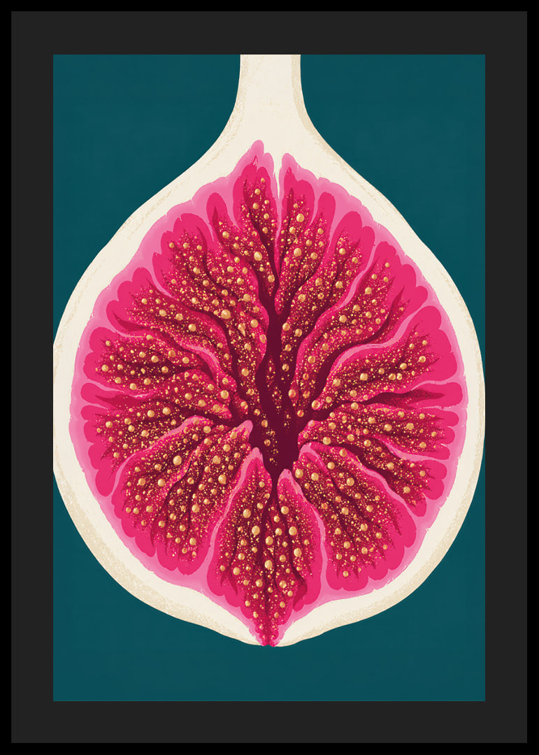 Stylized fig in intense pink tones against a deep teal background.-12