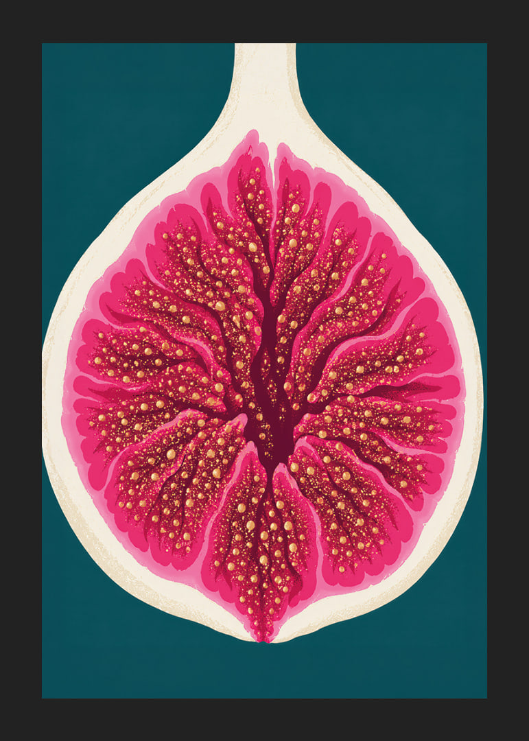 Stylized fig in intense pink tones against a deep teal background.-12
