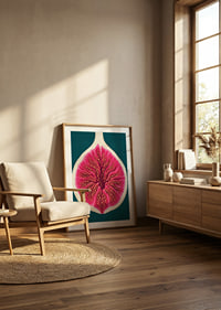Stylized fig in intense pink tones against a deep teal background.-8