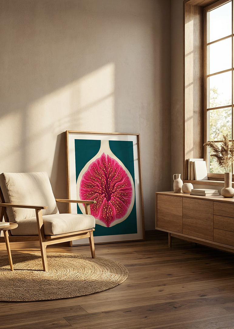 Stylized fig in intense pink tones against a deep teal background.-12