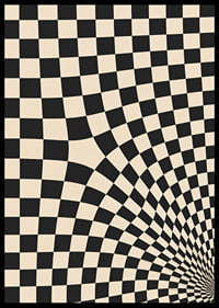 A black and white checkered pattern swirling into a hypnotic optical tunnel.-6
