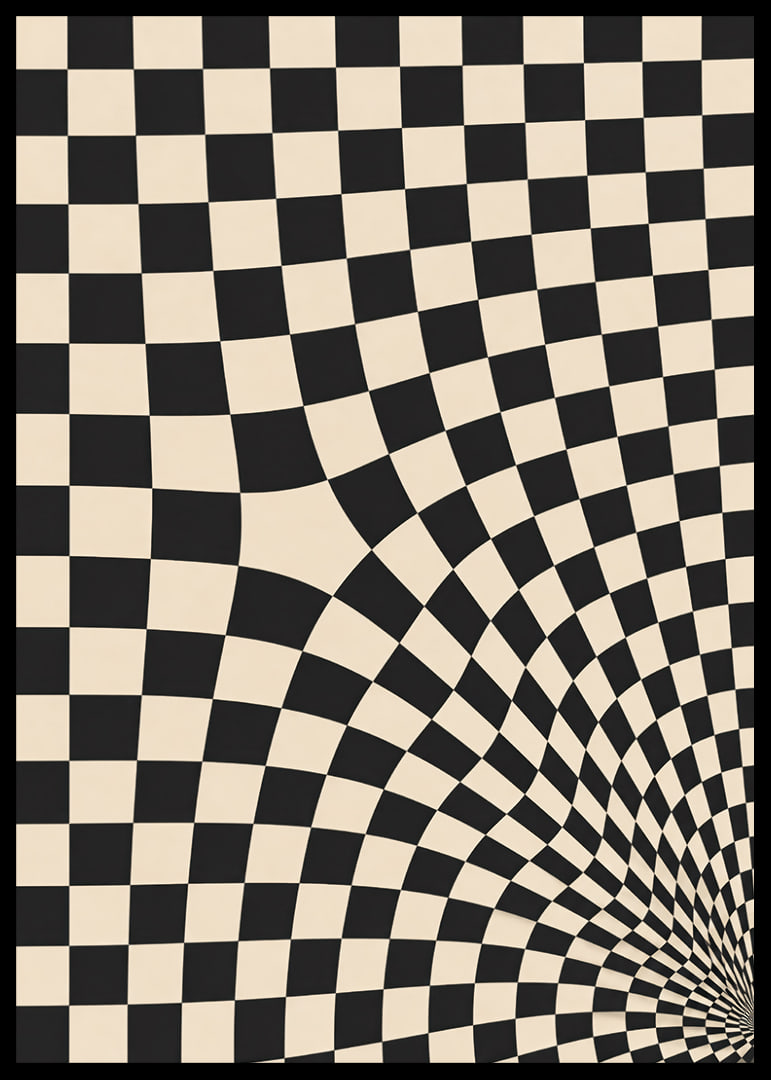 A black and white checkered pattern swirling into a hypnotic optical tunnel.-12