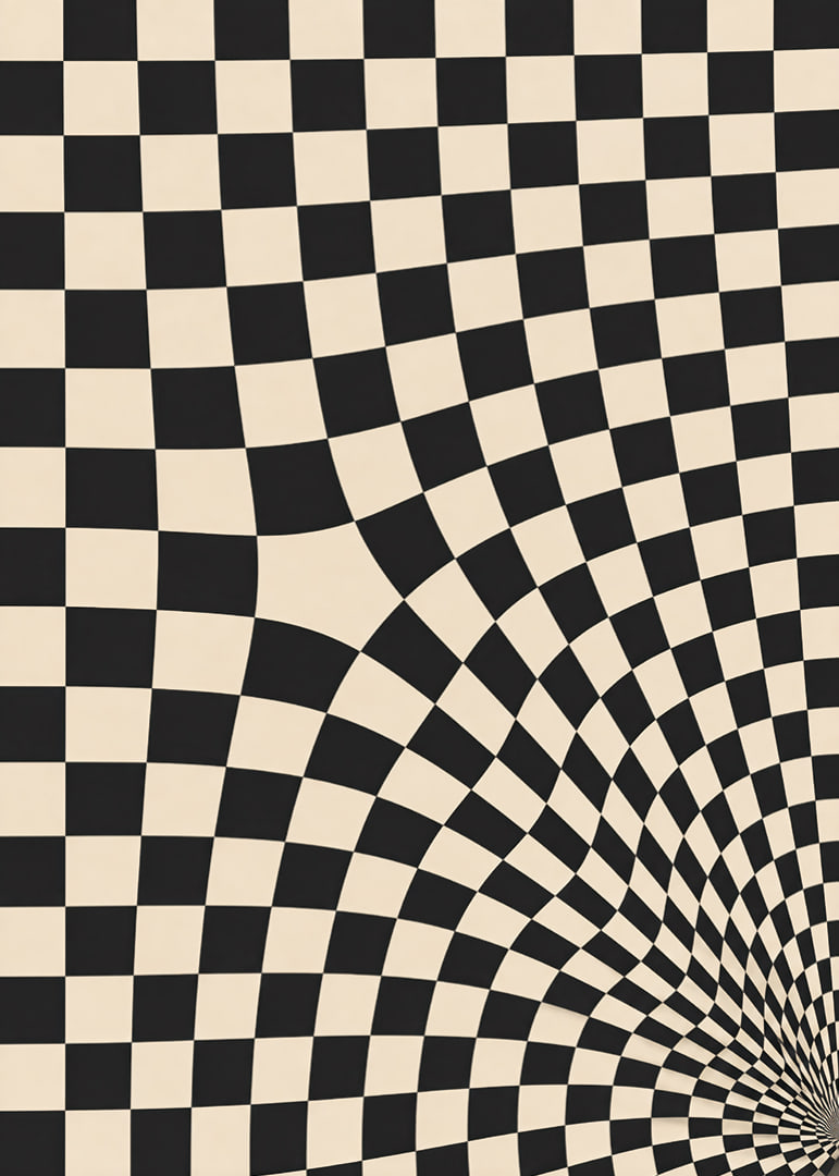 A black and white checkered pattern swirling into a hypnotic optical tunnel.-12