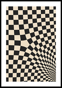 A black and white checkered pattern swirling into a hypnotic optical tunnel.-0