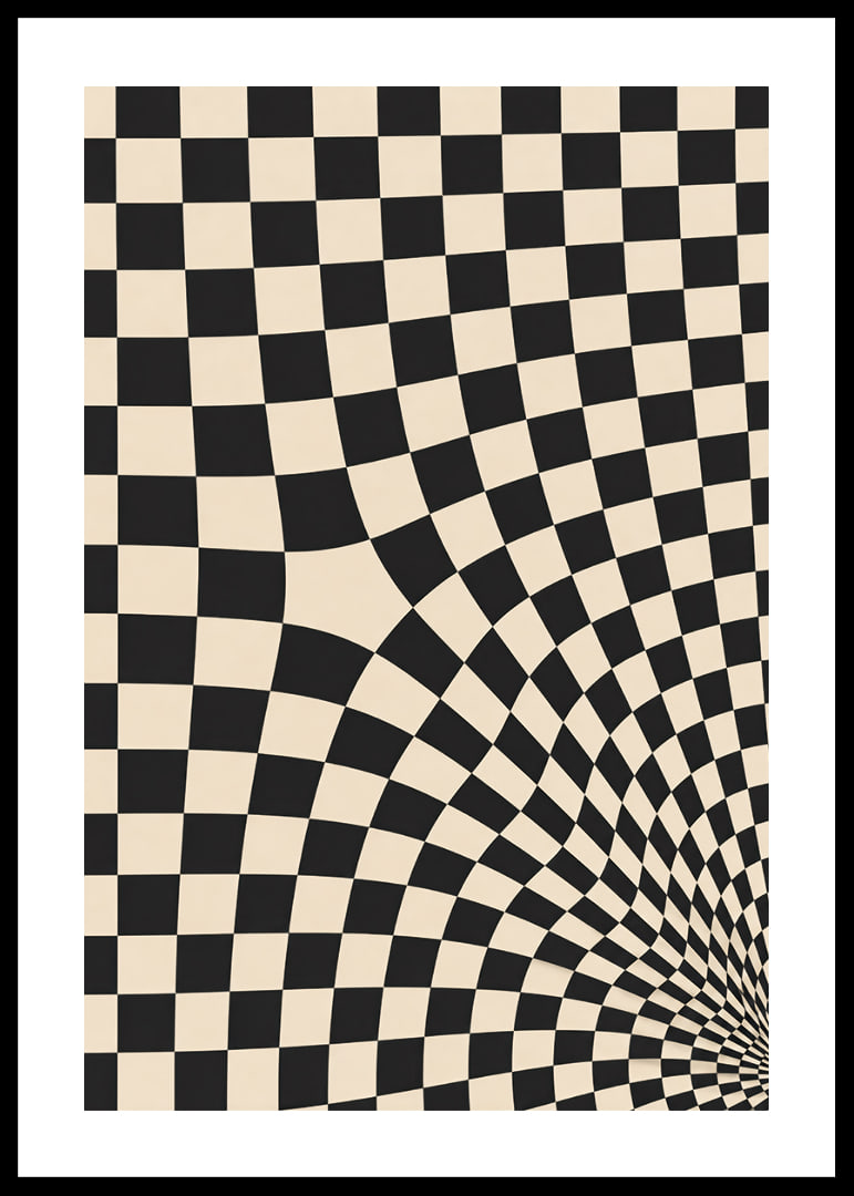 A black and white checkered pattern swirling into a hypnotic optical tunnel.-12