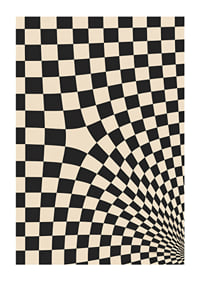 A black and white checkered pattern swirling into a hypnotic optical tunnel.-1