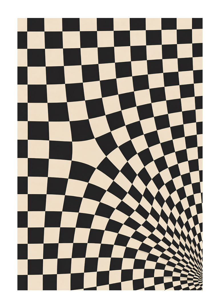 A black and white checkered pattern swirling into a hypnotic optical tunnel.-12