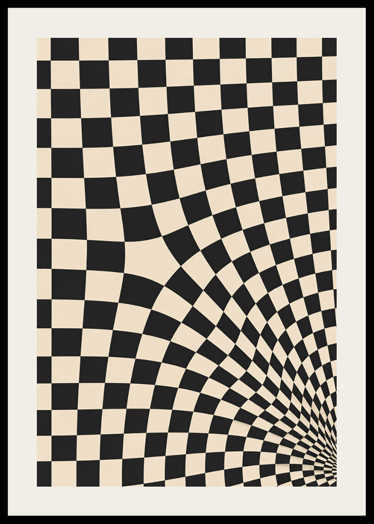 A black and white checkered pattern swirling into a hypnotic optical tunnel.-12
