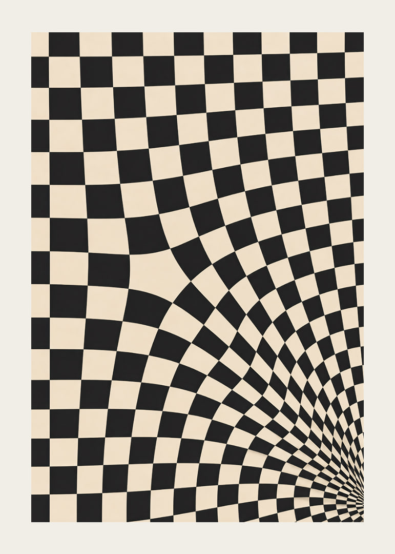 A black and white checkered pattern swirling into a hypnotic optical tunnel.-12