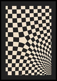 A black and white checkered pattern swirling into a hypnotic optical tunnel.-4