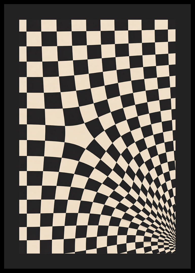 A black and white checkered pattern swirling into a hypnotic optical tunnel.-12