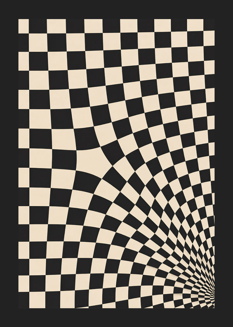 A black and white checkered pattern swirling into a hypnotic optical tunnel.-12