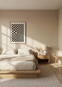 A black and white checkered pattern swirling into a hypnotic optical tunnel.-8
