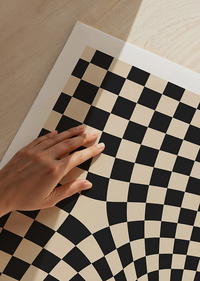 A black and white checkered pattern swirling into a hypnotic optical tunnel.-12