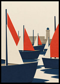 Graphic sailboats in red, blue and white meet a quiet coastal harbor.-6
