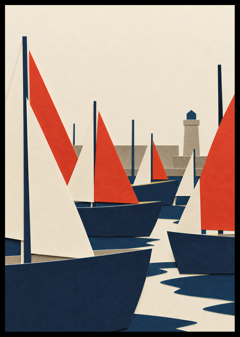 Graphic sailboats in red, blue and white meet a quiet coastal harbor.-12