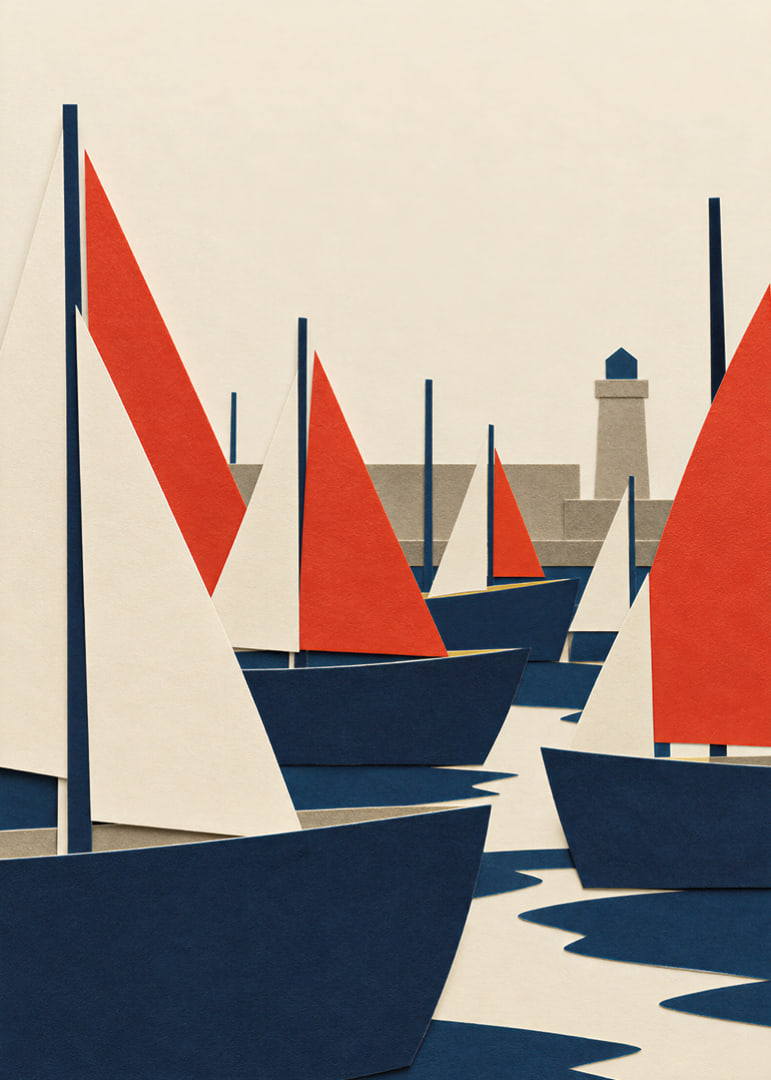 Graphic sailboats in red, blue and white meet a quiet coastal harbor.-12