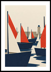 Graphic sailboats in red, blue and white meet a quiet coastal harbor.-0
