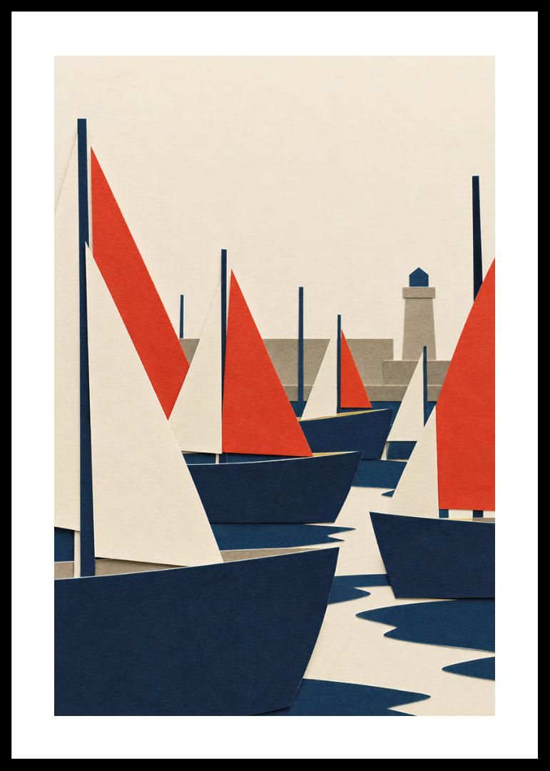 Graphic sailboats in red, blue and white meet a quiet coastal harbor.-12