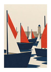 Graphic sailboats in red, blue and white meet a quiet coastal harbor.-1