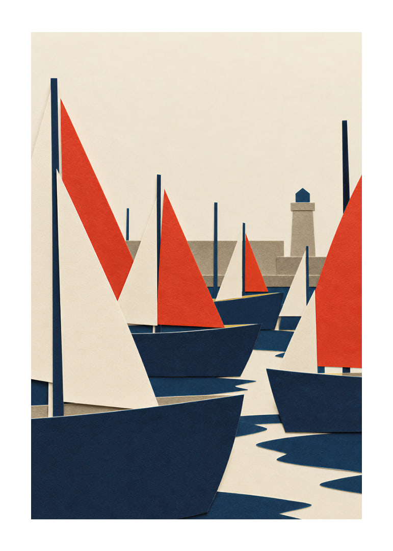 Graphic sailboats in red, blue and white meet a quiet coastal harbor.-12