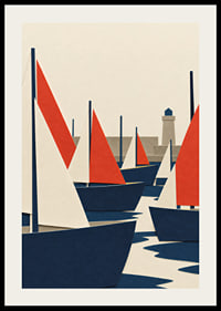 Graphic sailboats in red, blue and white meet a quiet coastal harbor.-2