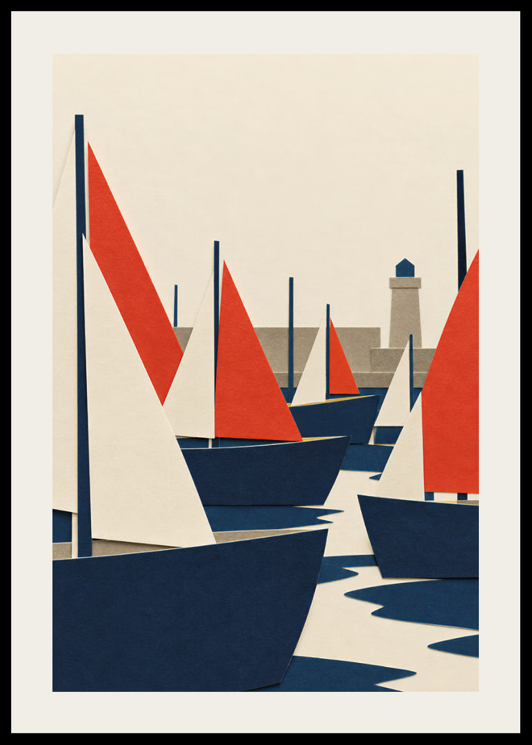 Graphic sailboats in red, blue and white meet a quiet coastal harbor.-12