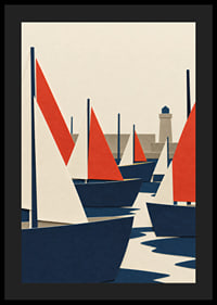 Graphic sailboats in red, blue and white meet a quiet coastal harbor.-4