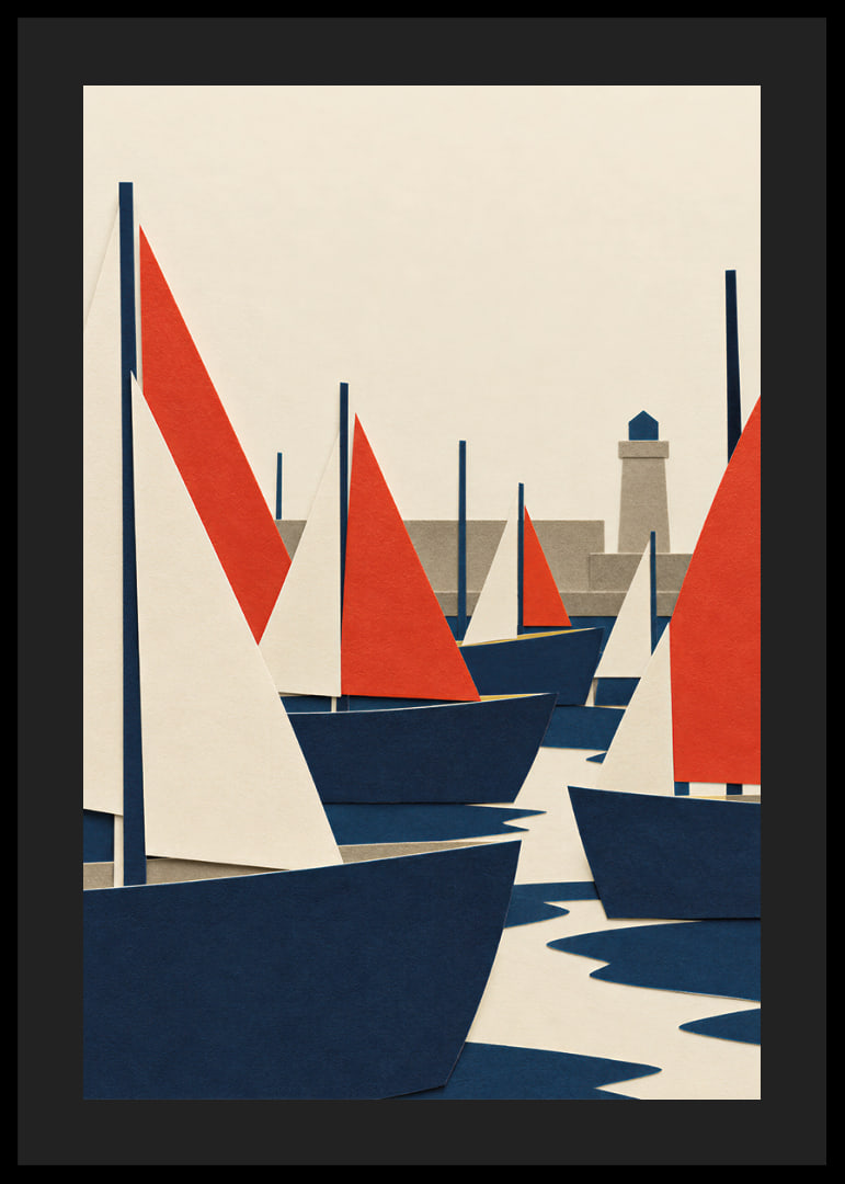 Graphic sailboats in red, blue and white meet a quiet coastal harbor.-12