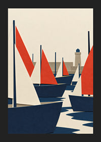 Graphic sailboats in red, blue and white meet a quiet coastal harbor.-5
