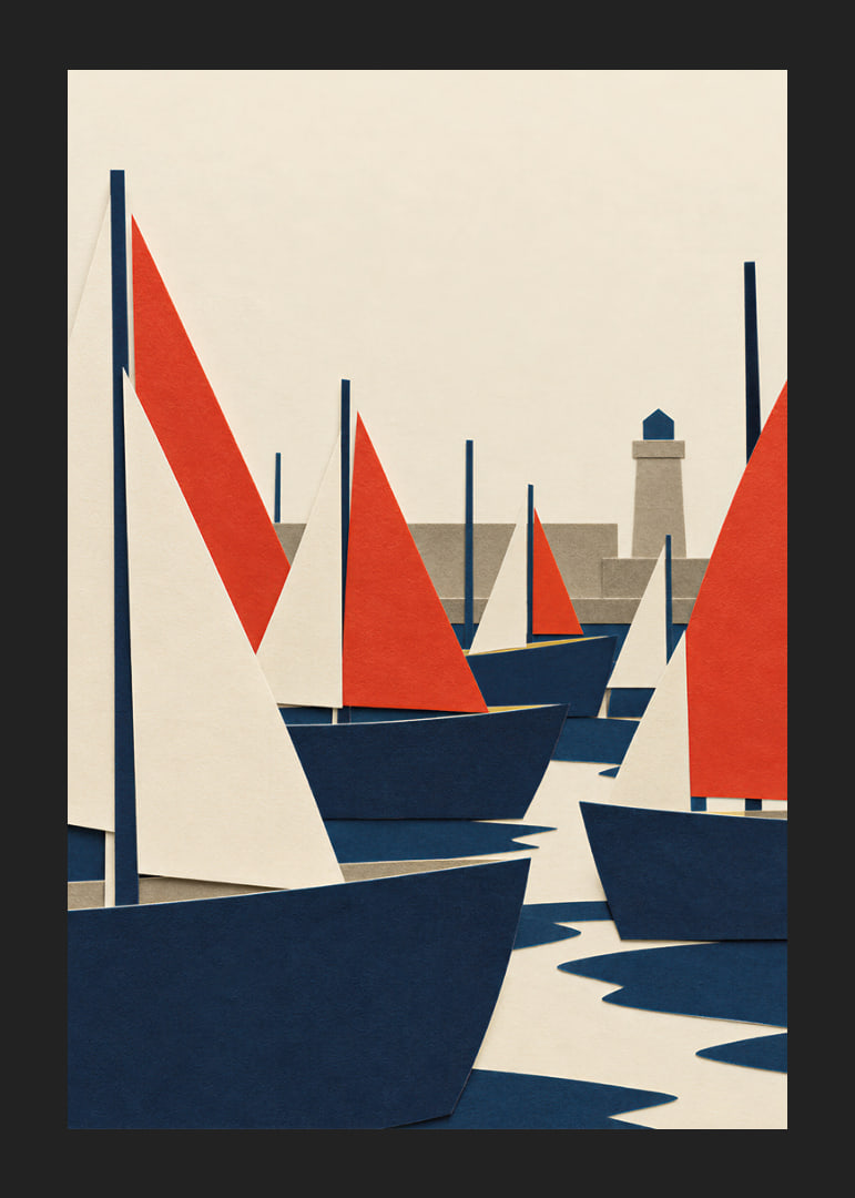 Graphic sailboats in red, blue and white meet a quiet coastal harbor.-12