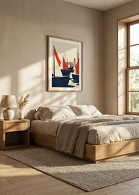 Graphic sailboats in red, blue and white meet a quiet coastal harbor.-8
