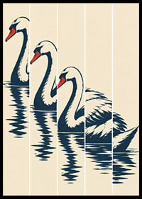 Stylized swan in dark blue with red details, reflected in still water.-6