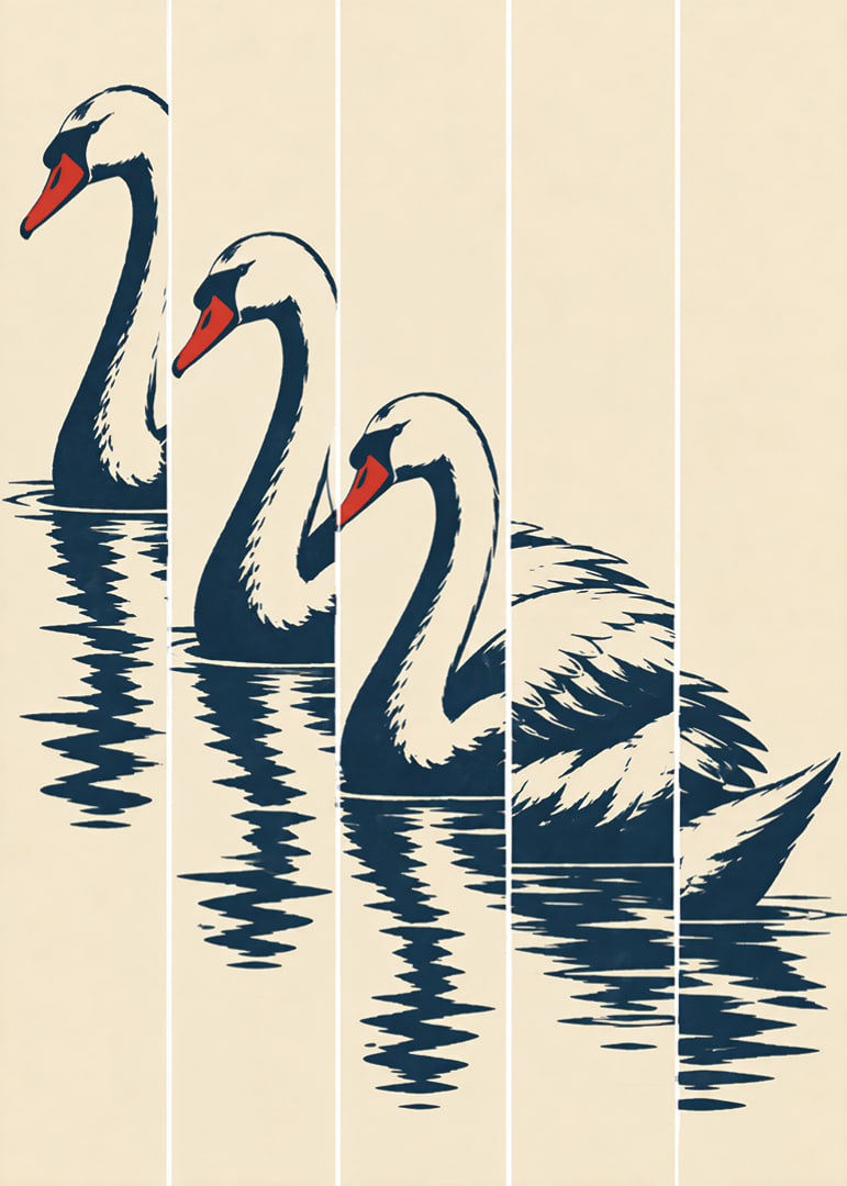 Stylized swan in dark blue with red details, reflected in still water.-12