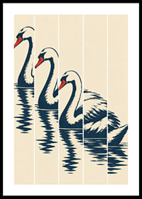 Stylized swan in dark blue with red details, reflected in still water.-0