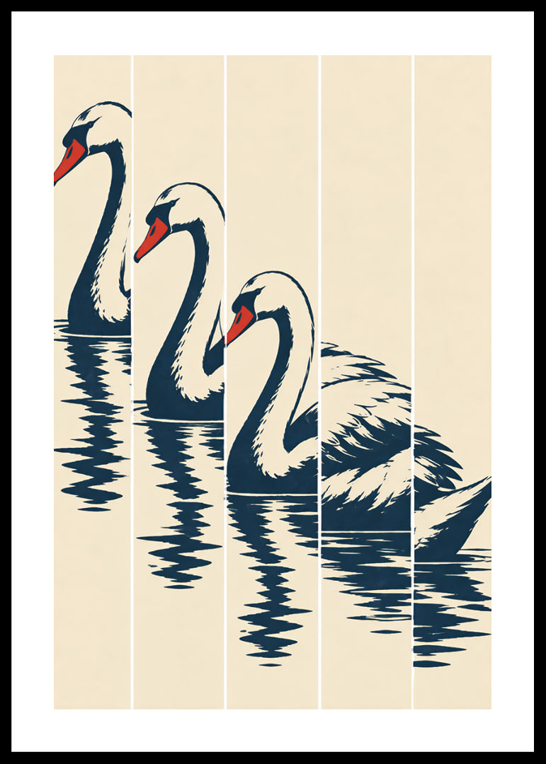 Stylized swan in dark blue with red details, reflected in still water.-12
