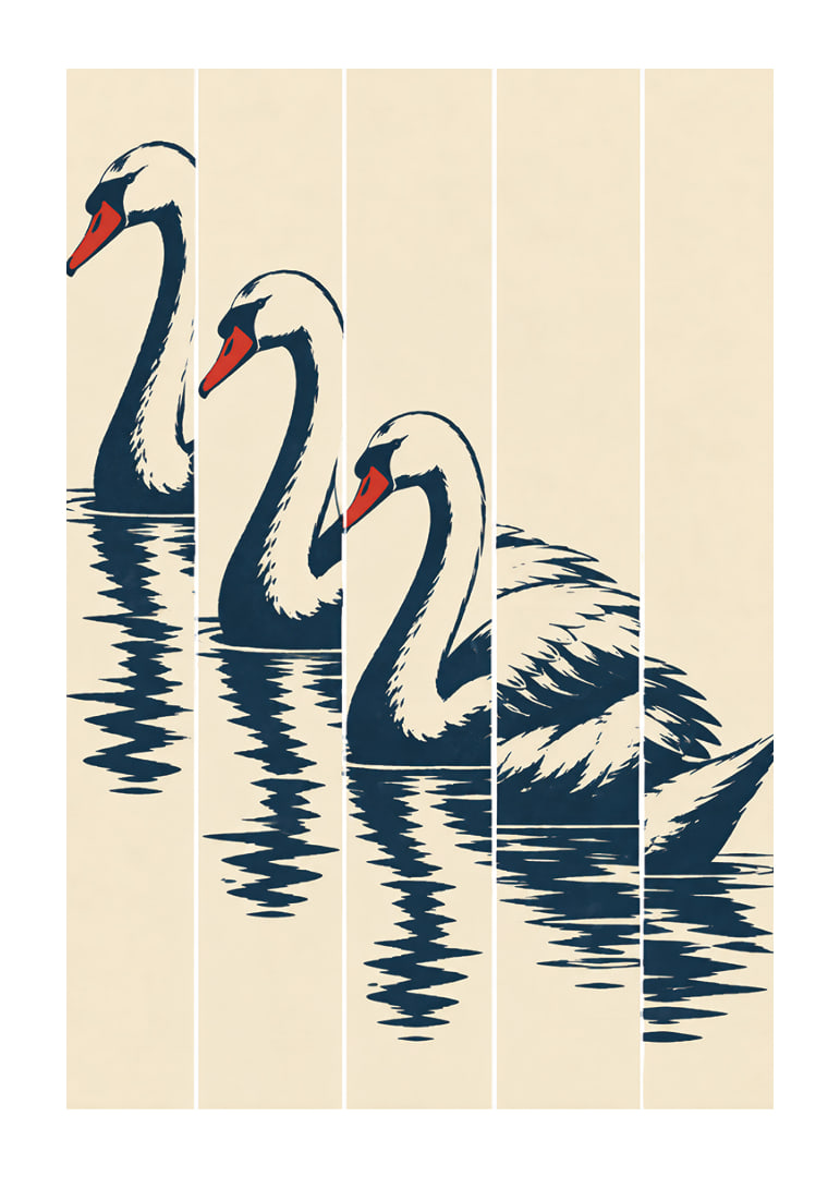 Stylized swan in dark blue with red details, reflected in still water.-12