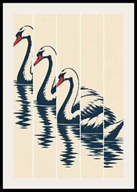 Stylized swan in dark blue with red details, reflected in still water.-2