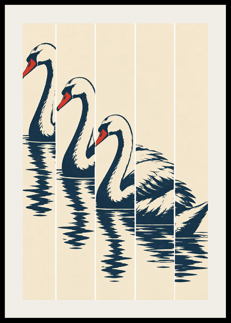 Stylized swan in dark blue with red details, reflected in still water.-12