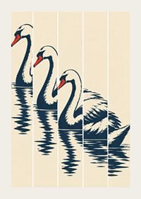 Stylized swan in dark blue with red details, reflected in still water.-3