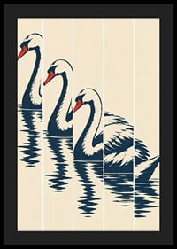 Stylized swan in dark blue with red details, reflected in still water.-4