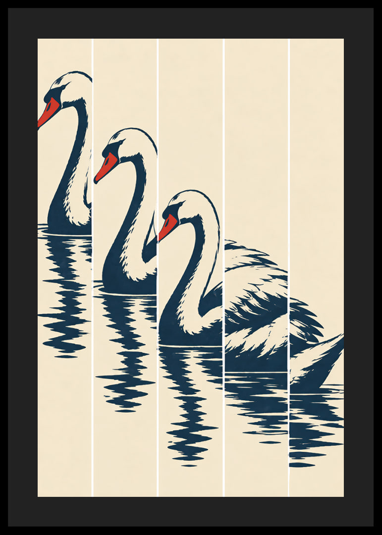 Stylized swan in dark blue with red details, reflected in still water.-12
