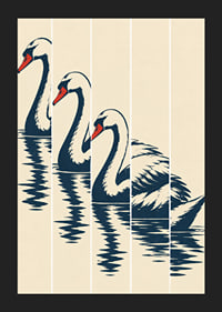 Stylized swan in dark blue with red details, reflected in still water.-5