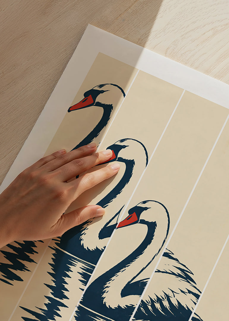 Stylized swan in dark blue with red details, reflected in still water.-12