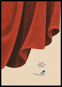 A dramatic red curtain and a lone chair create a quiet, humorous contrast.-6