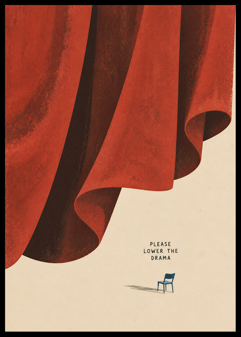 A dramatic red curtain and a lone chair create a quiet, humorous contrast.-12