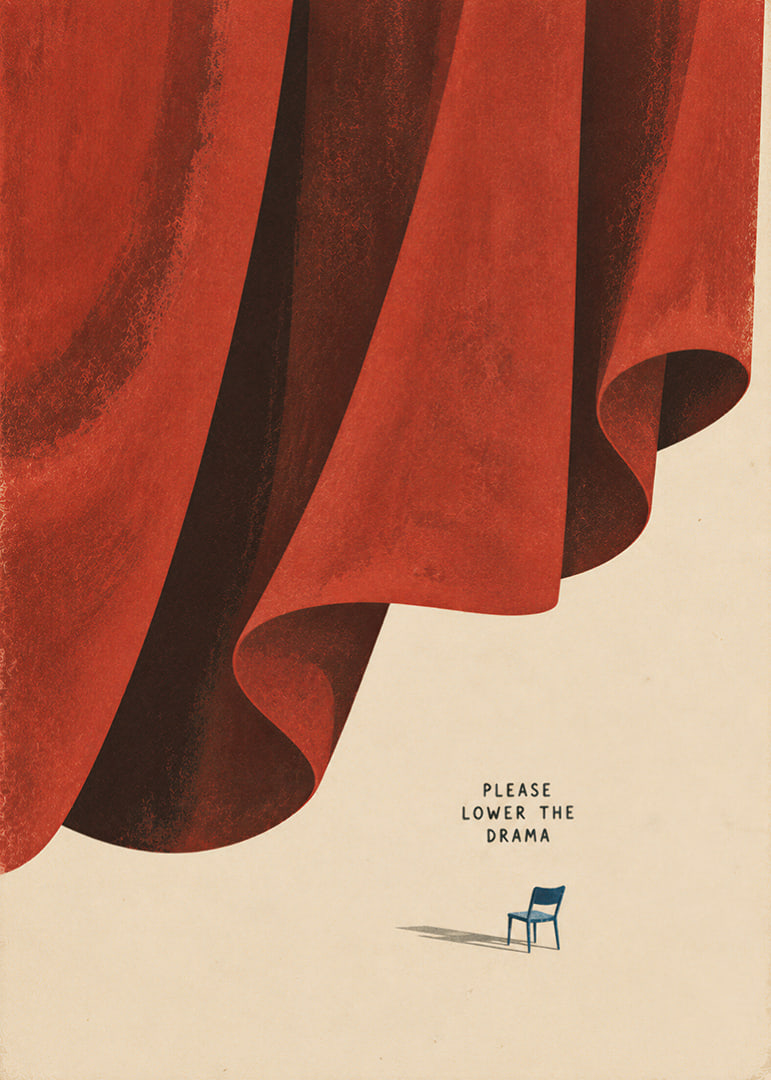 A dramatic red curtain and a lone chair create a quiet, humorous contrast.-12