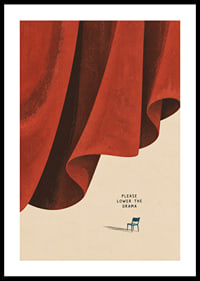 A dramatic red curtain and a lone chair create a quiet, humorous contrast.-0