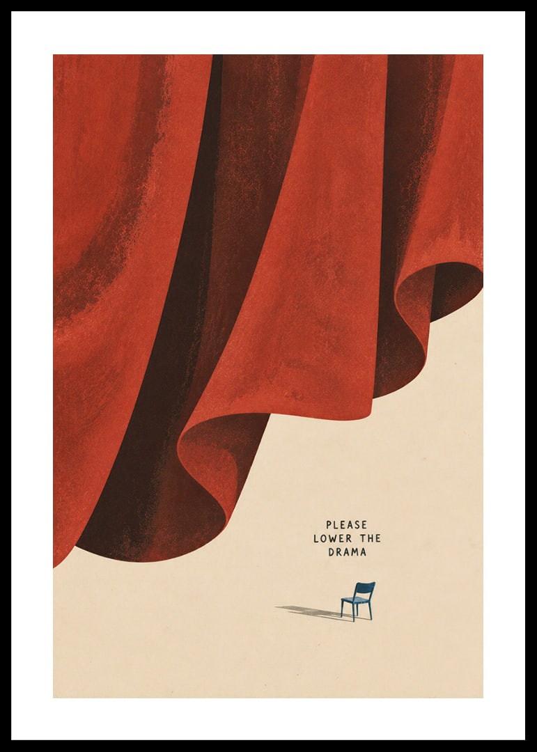 A dramatic red curtain and a lone chair create a quiet, humorous contrast.-12