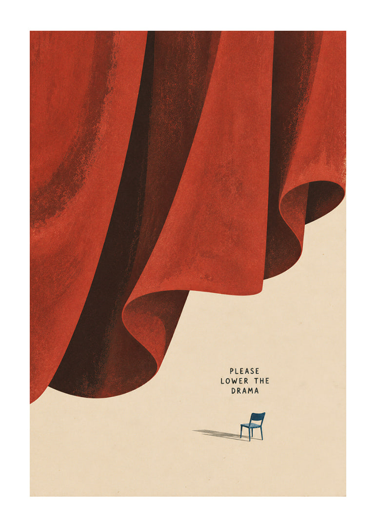 A dramatic red curtain and a lone chair create a quiet, humorous contrast.-12